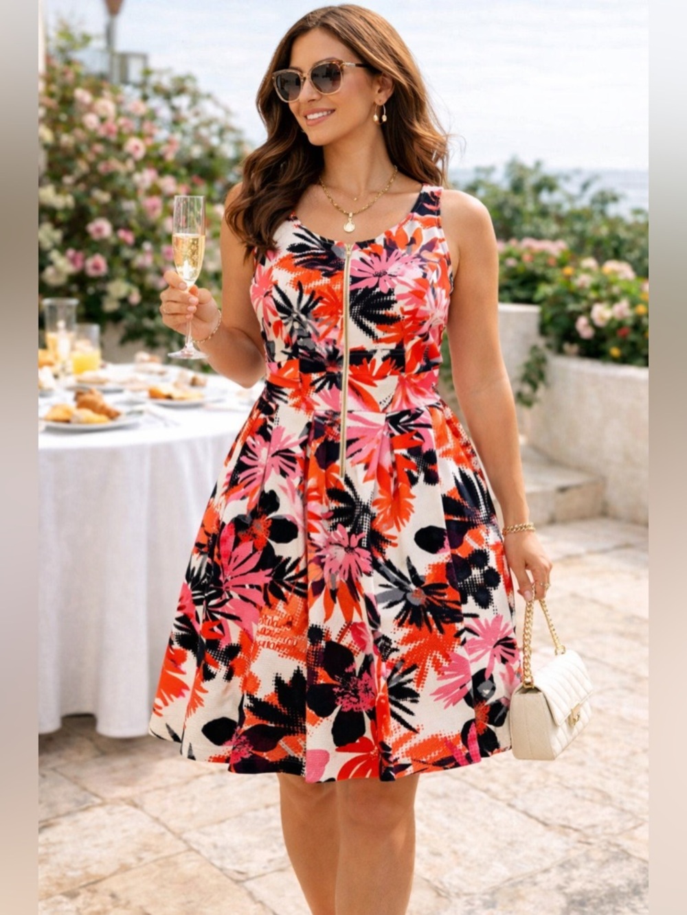 London Times Floral Zip-Front Sleeveless Midi Dress - Pink, Red & Black Size 16w